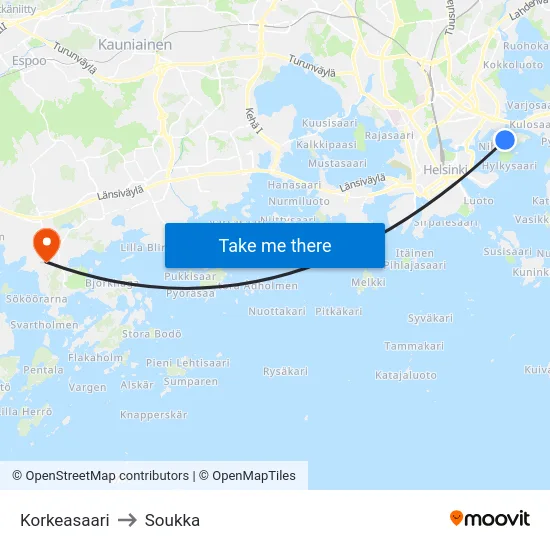 Korkeasaari to Soukka map