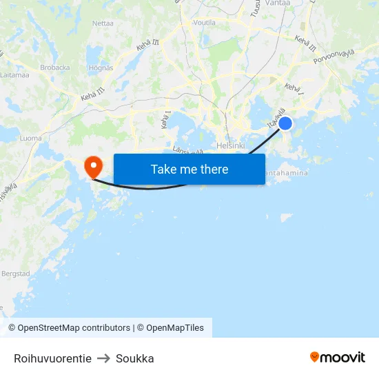 Roihuvuorentie to Soukka map