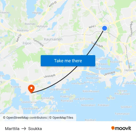 Marttila to Soukka map