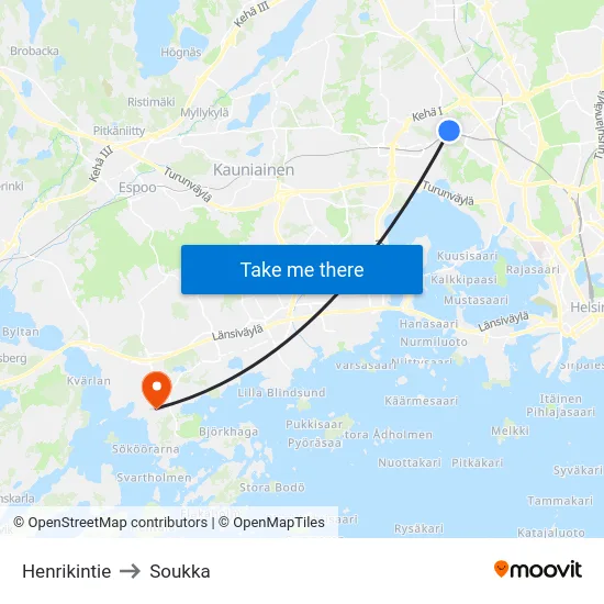 Henrikintie to Soukka map