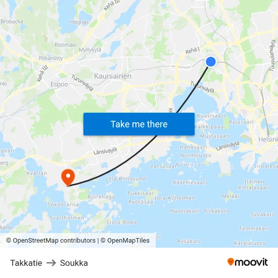Takkatie to Soukka map