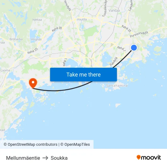 Mellunmäentie to Soukka map