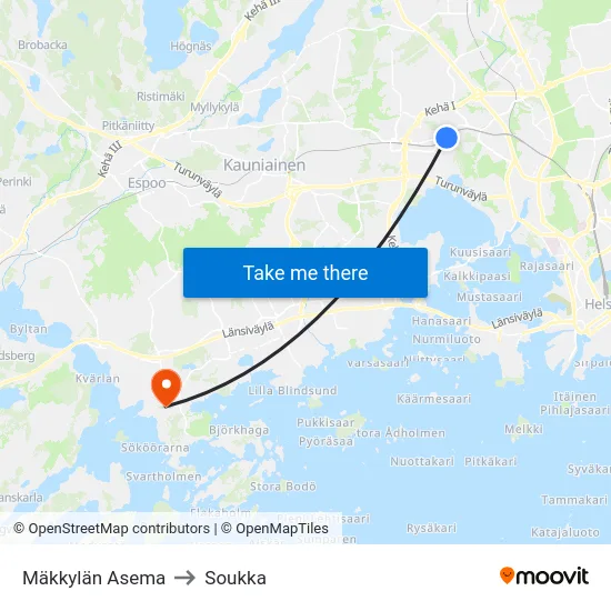 Mäkkylän Asema to Soukka map