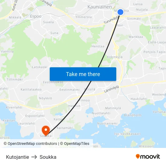 Kutojantie to Soukka map