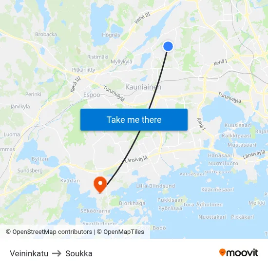 Veininkatu to Soukka map