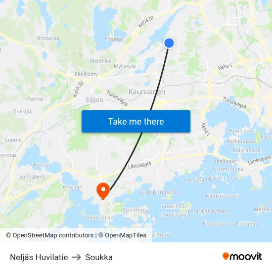 Neljäs Huvilatie to Soukka map