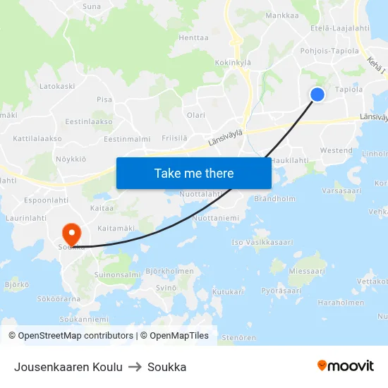 Jousenkaari School to Soukka map