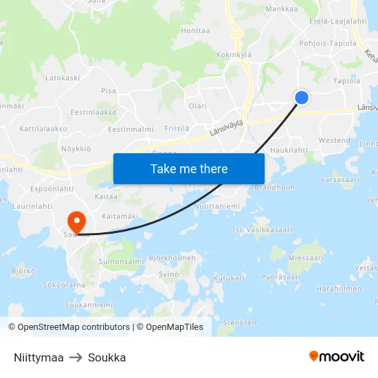 Niittymaa to Soukka map