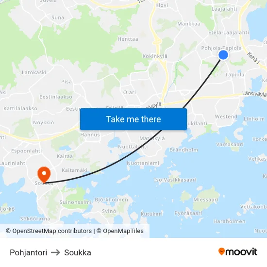 Pohjantori to Soukka map