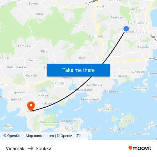 Visamäki to Soukka map