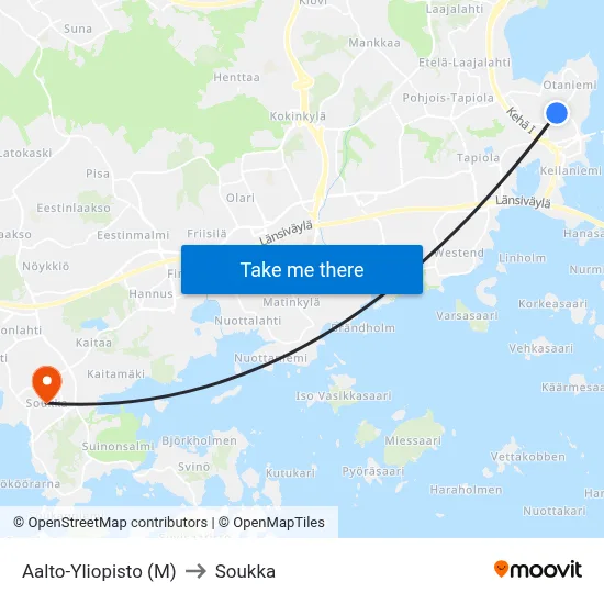 Aalto University (M) to Soukka map