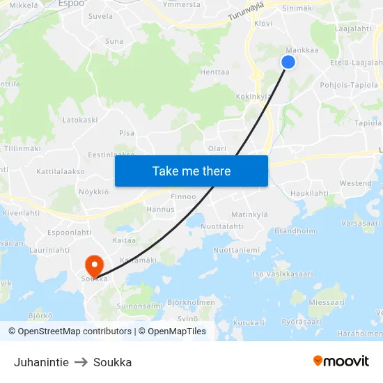 Juhanintie to Soukka map