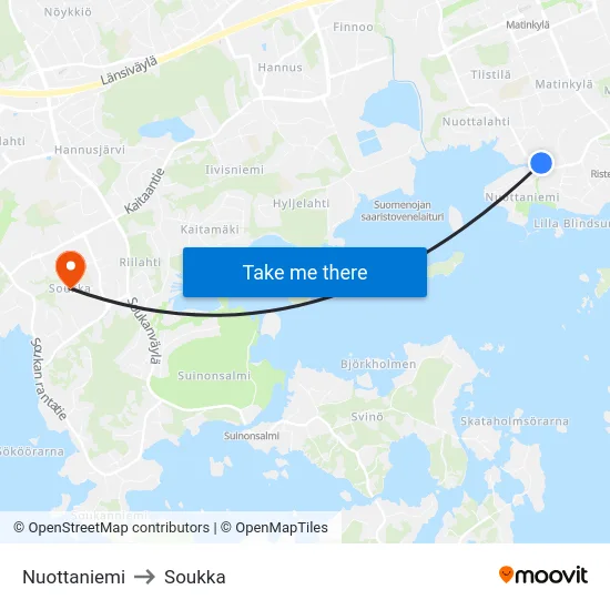 Nuottaniemi to Soukka map