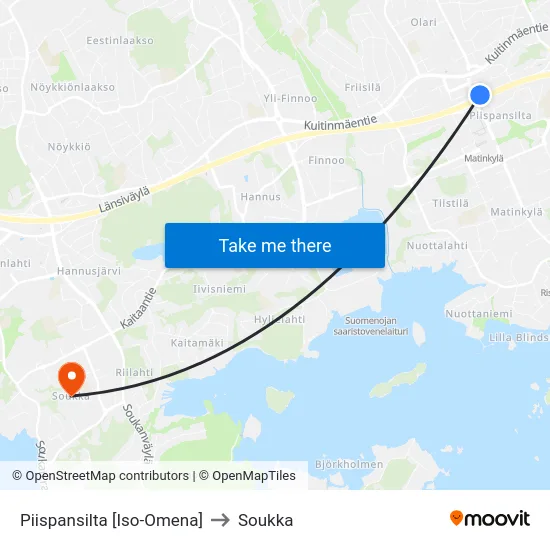 Piispansilta [Iso-Omena] to Soukka map
