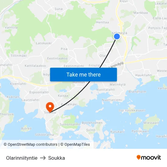 Olarinniitty Road to Soukka map