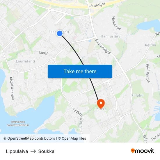 Lippulaiva to Soukka map