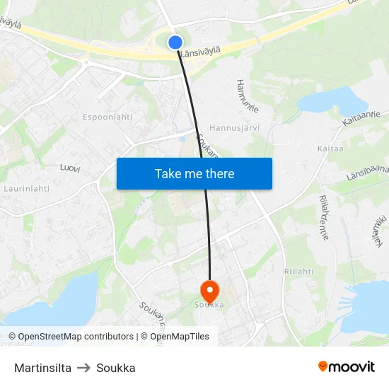 Martinsilta to Soukka map
