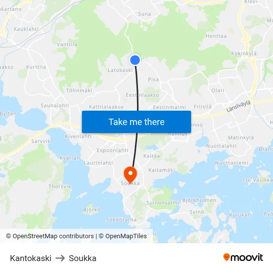 Kantokaski to Soukka map