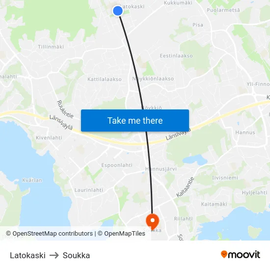 Latokaski to Soukka map