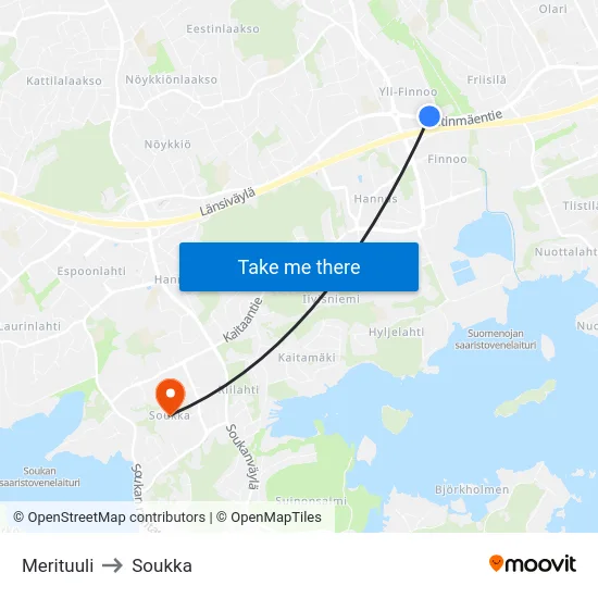 Merituuli to Soukka map