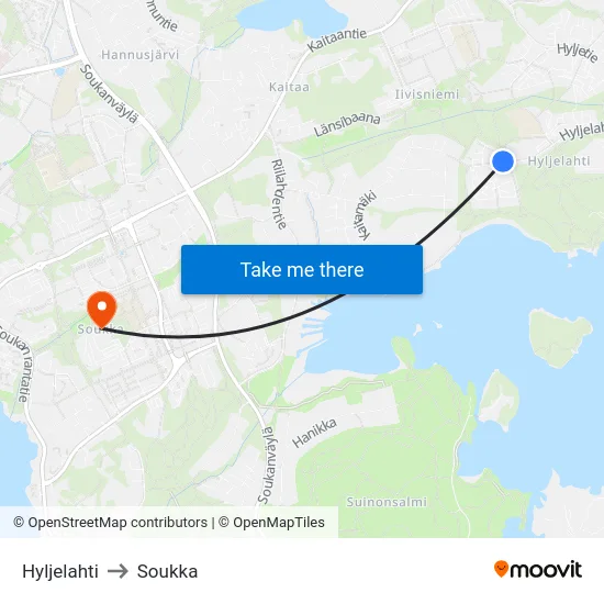 Hyljelahti to Soukka map