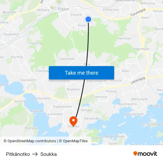 Pitkanotko to Soukka map