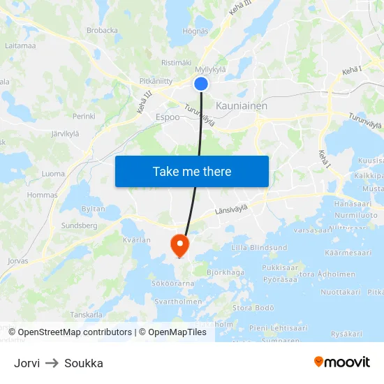 Jorvi to Soukka map