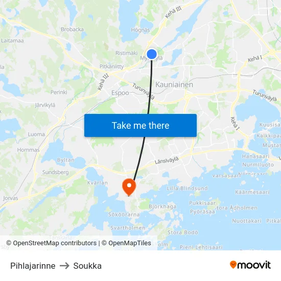 Pihlajarinne to Soukka map