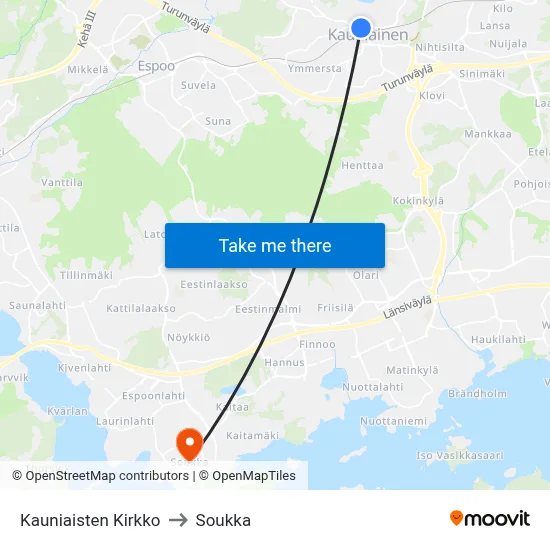 Kauniainen Church to Soukka map