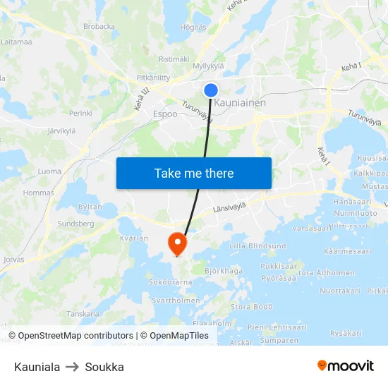 Kauniala to Soukka map