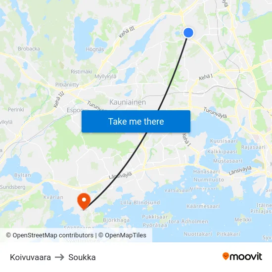 Koivuvaara to Soukka map