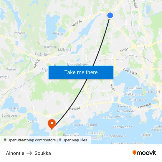 Ainontie to Soukka map
