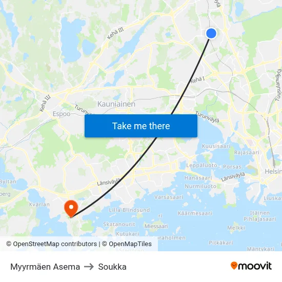 Myyrmäki Station to Soukka map