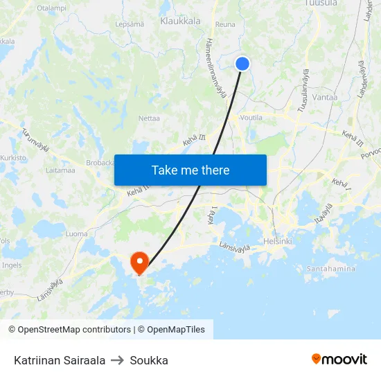 Katriinan Sairaala to Soukka map