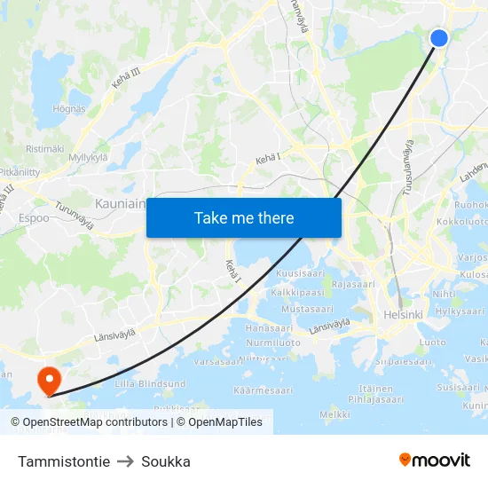 Tammistontie to Soukka map