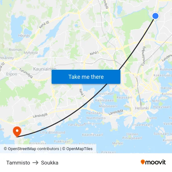 Tammisto to Soukka map