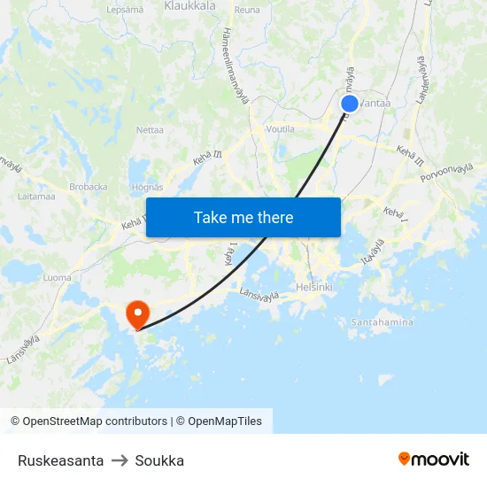 Ruskeasanta to Soukka map