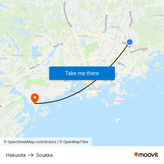 Hakunila to Soukka map
