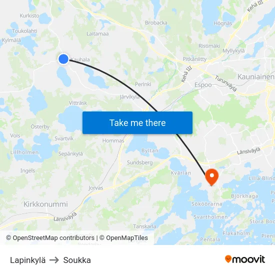 Lapinkylä to Soukka map