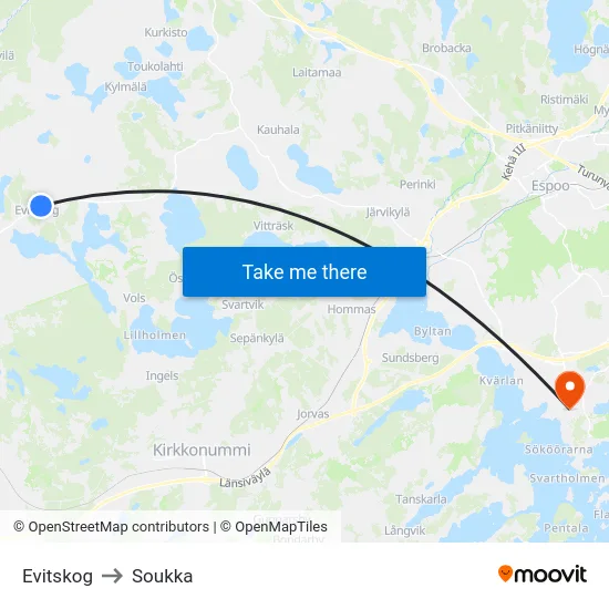 Evitskog to Soukka map