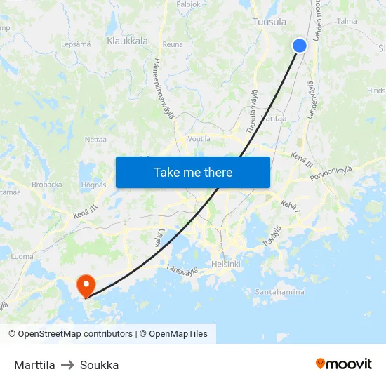 Marttila to Soukka map