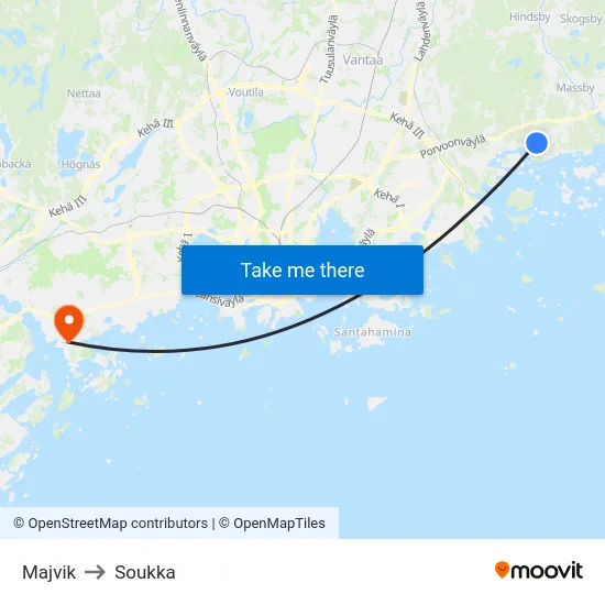 Majvik to Soukka map