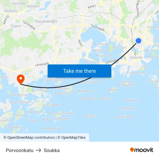 Porvoonkatu to Soukka map