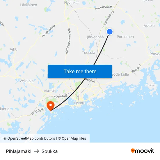 Pihlajamäki to Soukka map