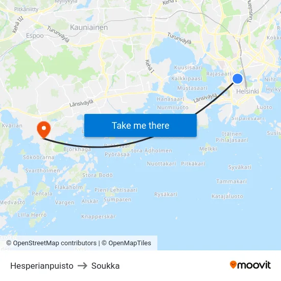 Hesperianpuisto to Soukka map