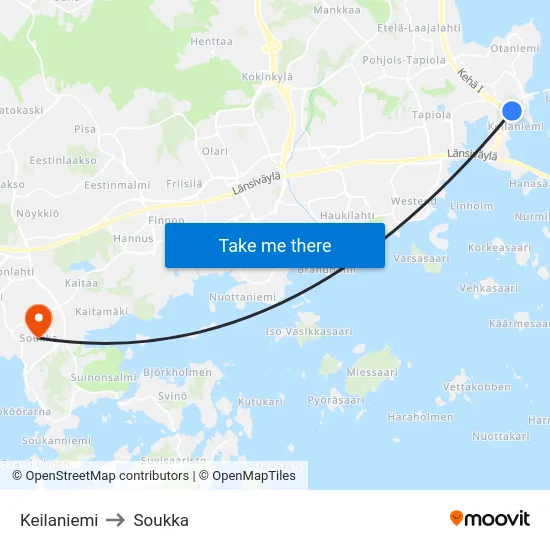 Keilaniemi to Soukka map