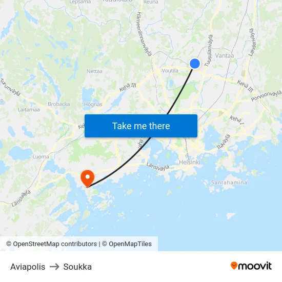 Aviapolis to Soukka map