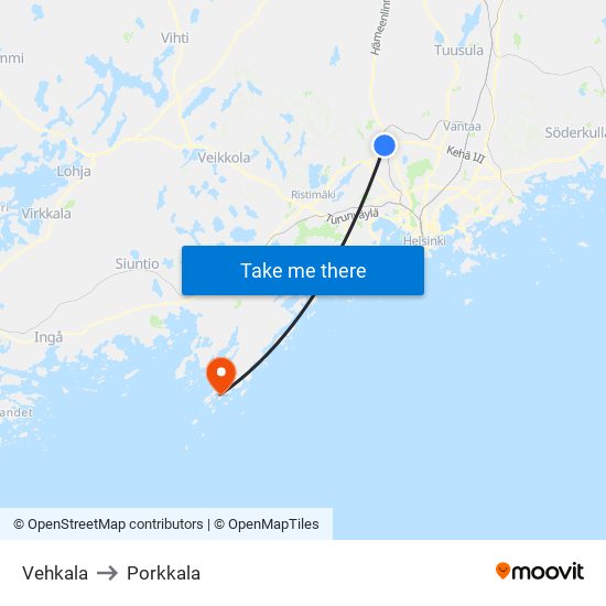 Vehkala to Porkkala map