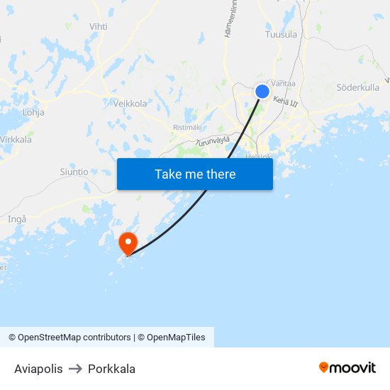 Aviapolis to Porkkala map