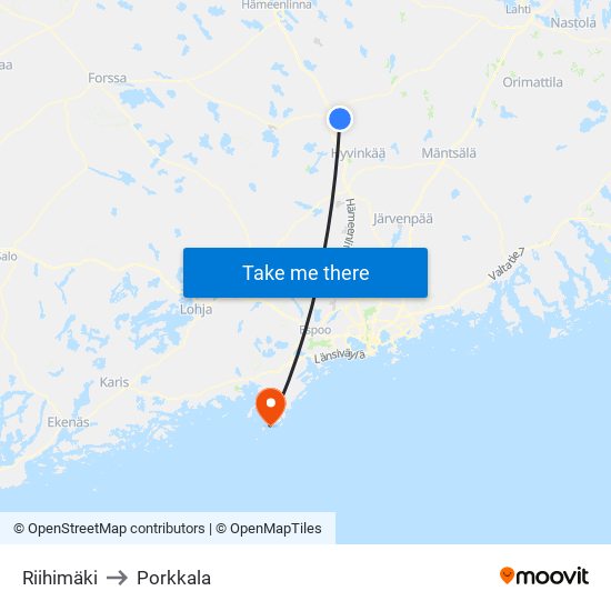 Riihimäki to Porkkala map